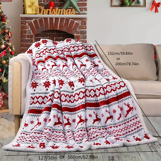 1pc Cozy Christmas Sherpa Blanket - Soft Plush Winter Cabin Throw Blanket for Boys and Girls - Holiday Reindeer Snowflakes Fleece Blanket with Warm and Fuzzy Texture for Cold Weather