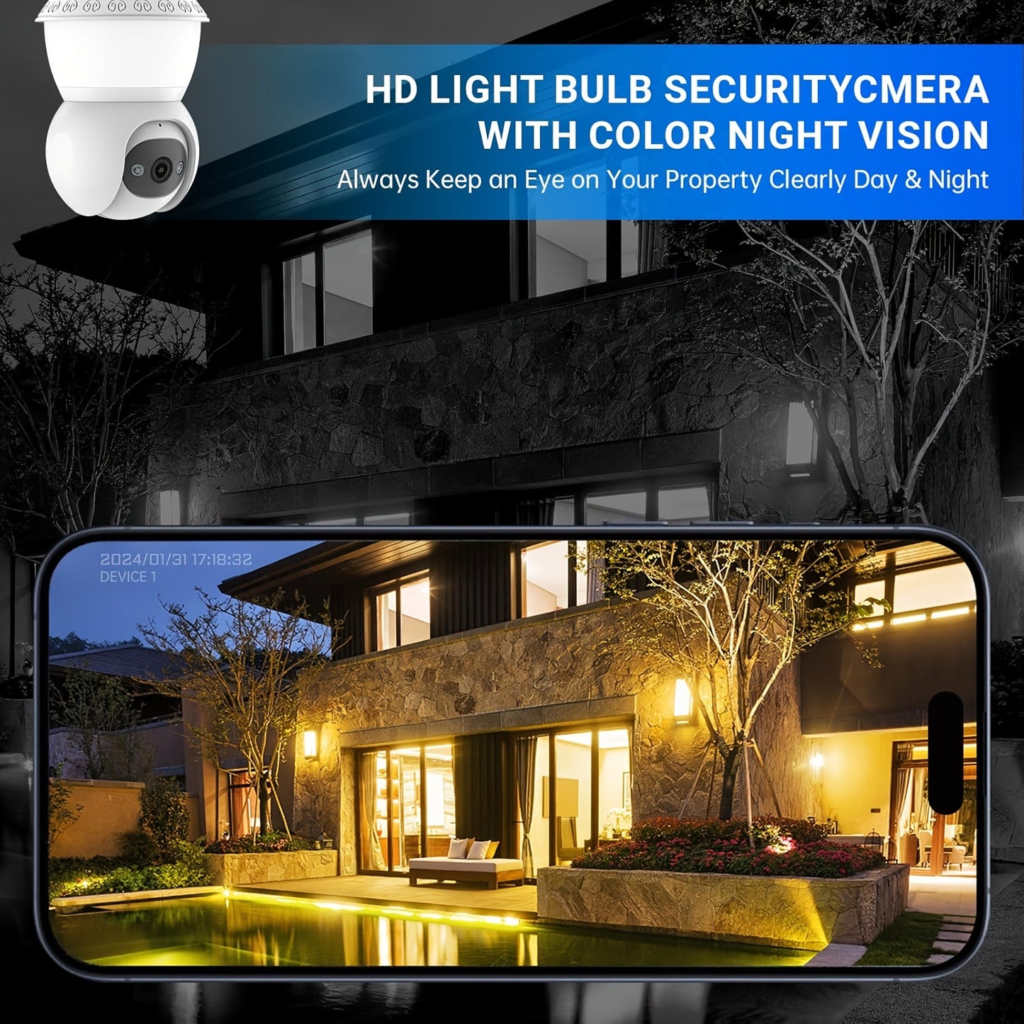 4MP Light Bulb Security Camera | 5G2.4G HD Camera | Wireless | 360-degree Night Vision, AI Body Detection, Two-way Calls, Continuous Recording