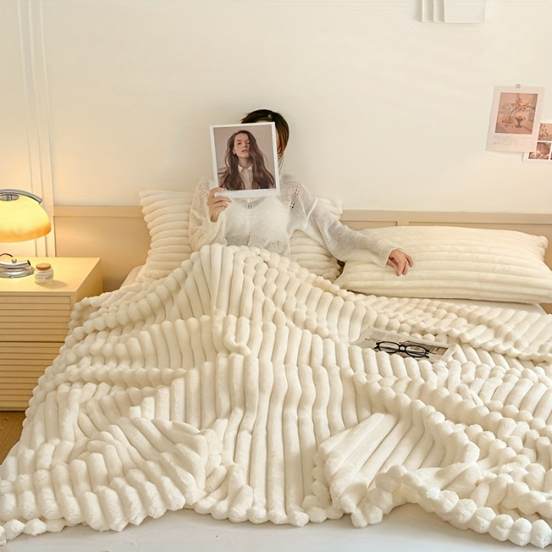 1pc Cozy Double-Sided 3D Rabbit Hair Blanket - Soft, Warm, and Fuzzy for Snuggling Up - Perfect for Office, Outdoor Camping, Sofa, and Gift Giving