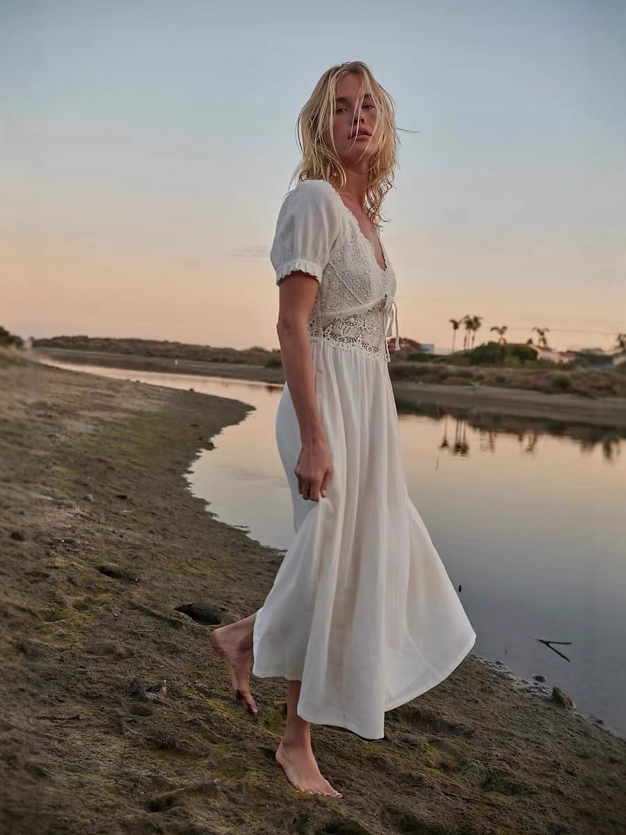 V-neck Lace Short Sleeved Pure Cotton Dress