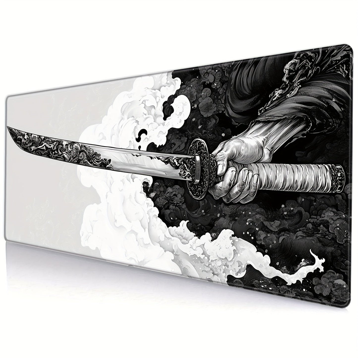 Extended Gaming Mouse Pad with Japanese Samurai Sword Design, Extra Large, Stitched Edges, Washable, Non-Slip Rubber Base, 31.5x11.8 inches
