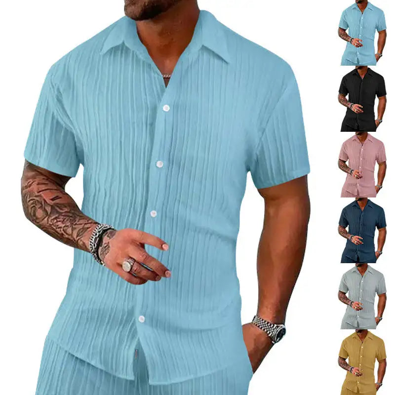Polo Collar Solid Color Short Sleeve Button Men's Casual Loose Short Sleeves Shirt