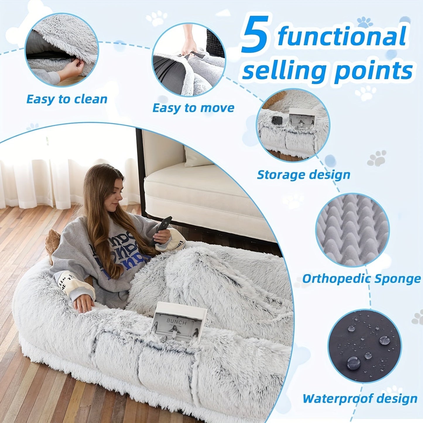 Orthopedic Human Dog Bed 71"x45"x12" Oval Washable Faux Fur Pet Bed with Plump Pillow, Blanket & Strap - Non-Slip Spa Design for All Dog Sizes, Grey, Cozy Nap Spot, Cozy Aesthetic, Durable Polyester, Home Lounging