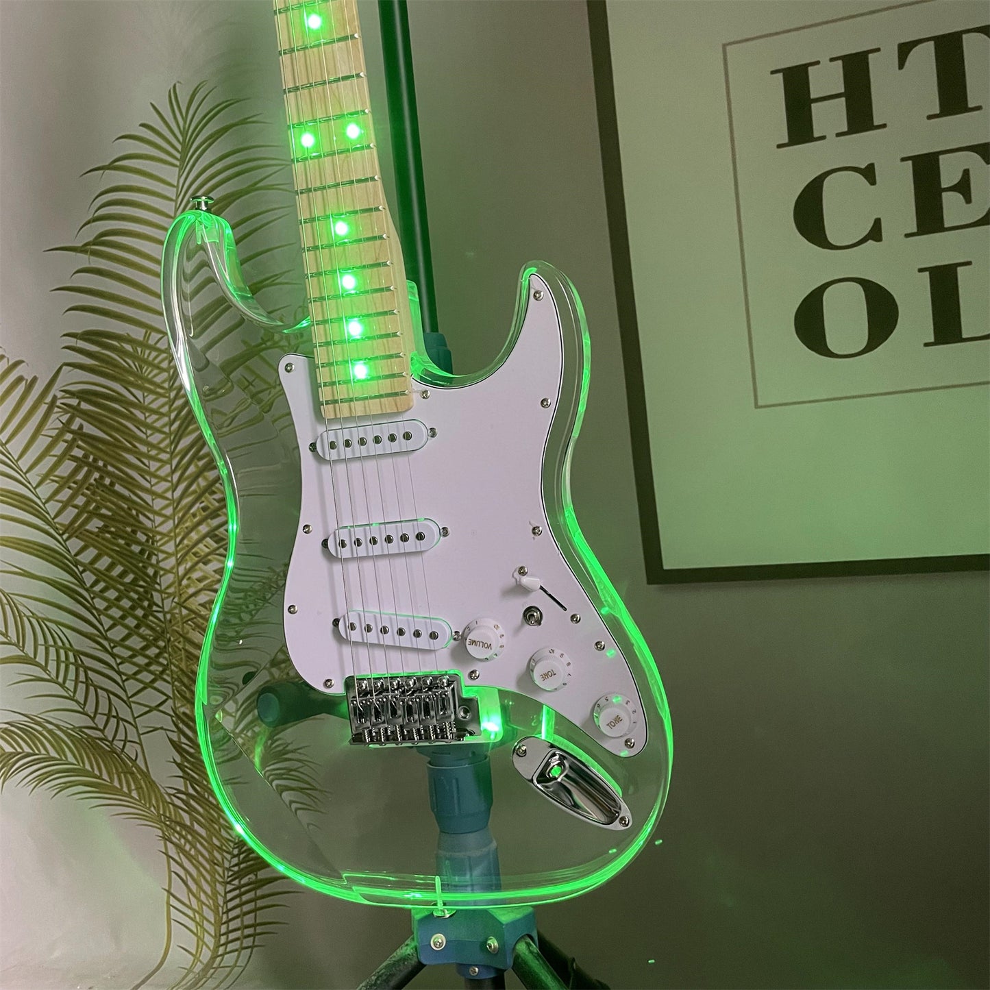 Transparent 6-String Solid Body Electric Guitar - 22 Frets, S-S-S Pickup, Acrylic Body, Green Light with White Pickguard - Premium electric guitar from dsers - Just $561.08! Shop now at Lizard Vigilante