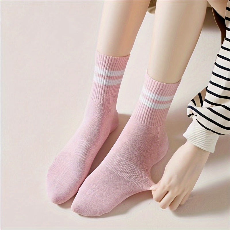 5 Pairs Striped Print Socks, College Style Sports Mid Tube Socks, Women's Stockings & Hosiery