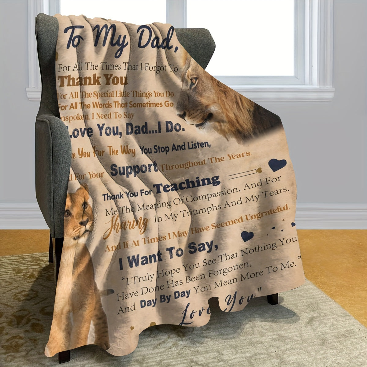 Creative Gift for Dad - Lion Design Soft Flannel Blanket with Loving Message, Cozy and Thoughtful Animal-Themed Decor