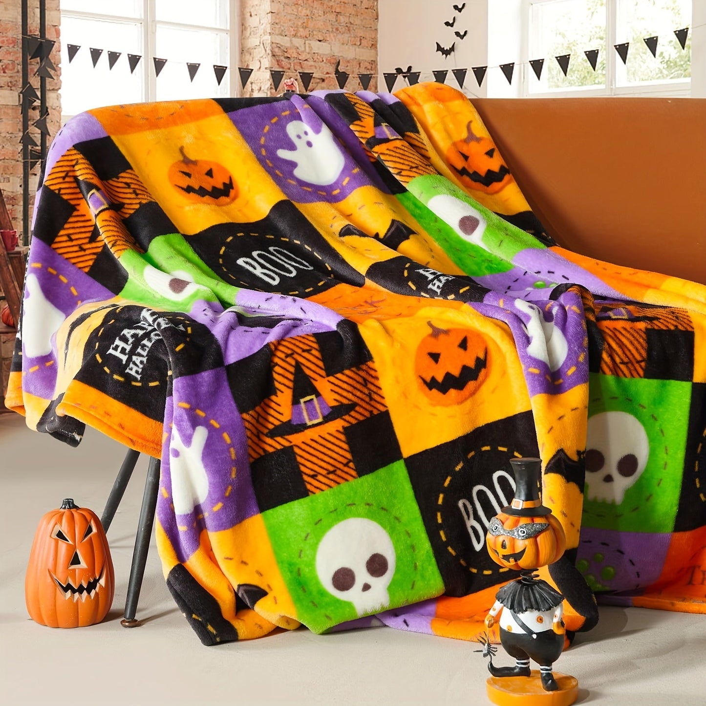 1pc Halloween Fleece Throw Blanket, Bat, Ghost Fall Plaid Blanket, Soft Fuzzy Plush For Couch Sofa Or Bed, Luxury Flannel Lap Blanket