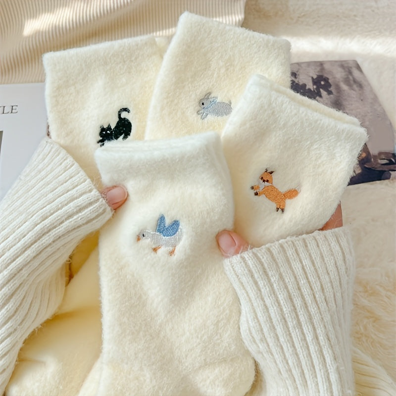 4pcs Cozy Fleece-Lined Women's Socks - Cute Animal Embroidery, Thick & Warm Mid-Calf Winter Home Socks