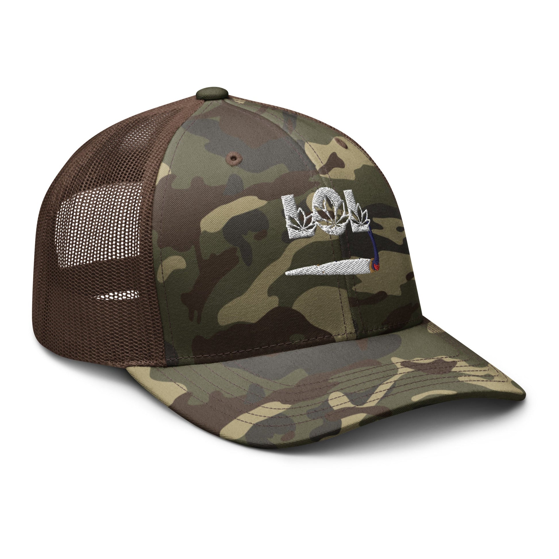 LOL Pot Leaf Font Joint Burning Camouflage Trucker Hat / Weed Stoner Cap - Lizard Vigilante