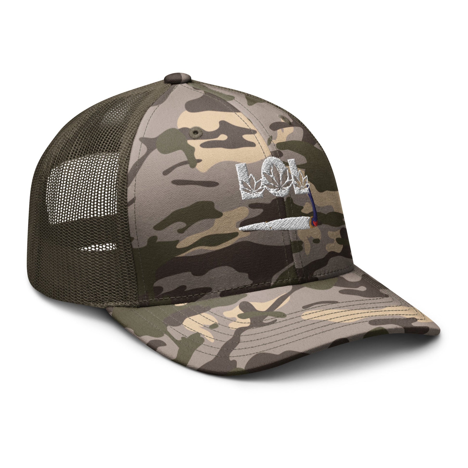 LOL Pot Leaf Font Joint Burning Camouflage Trucker Hat / Weed Stoner Cap - Lizard Vigilante