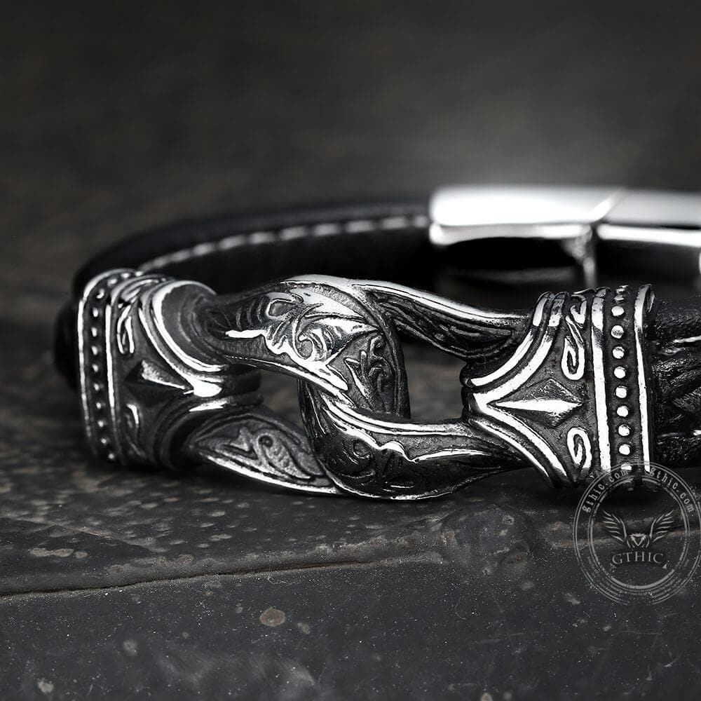 Carved Viking Stainless Steel Leather Bracelet