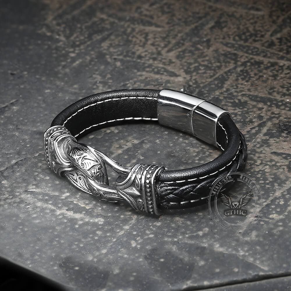 Carved Viking Stainless Steel Leather Bracelet