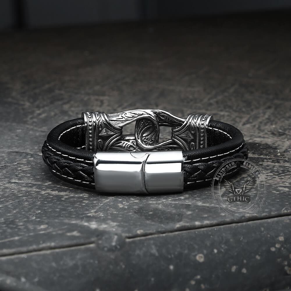 Carved Viking Stainless Steel Leather Bracelet