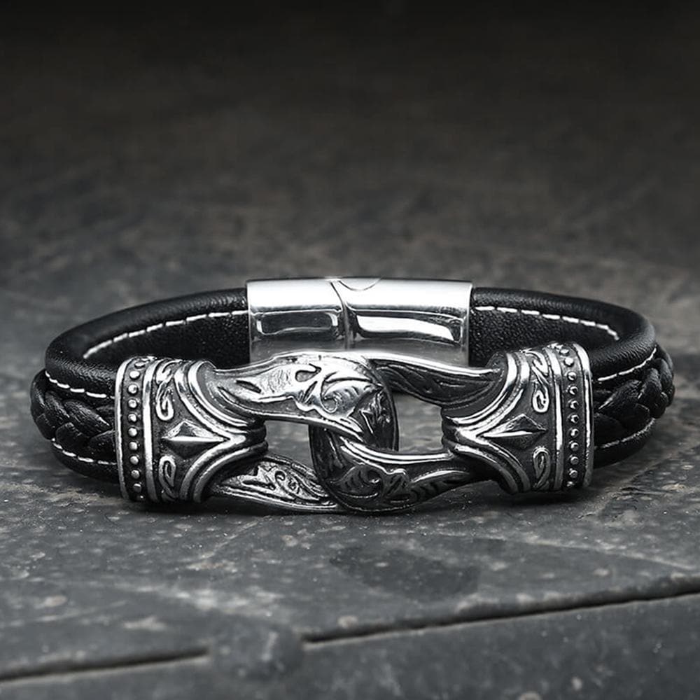 Carved Viking Stainless Steel Leather Bracelet