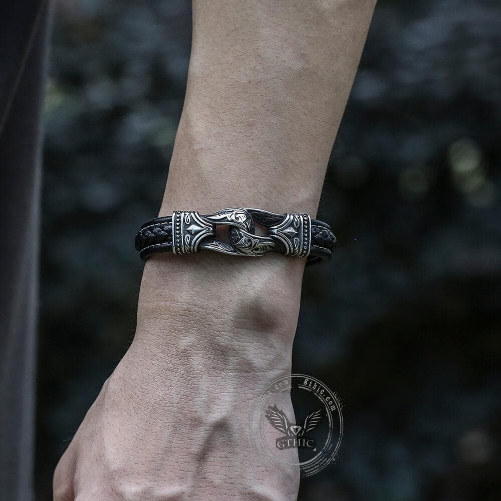 Carved Viking Stainless Steel Leather Bracelet