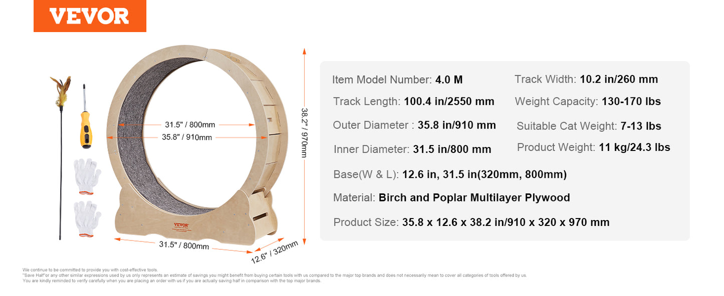 VEVOR Cat Exercise Wheel Natural Wood Silent Running Toy Treadmill Roller Wheel with Detachable Carpet for Most Cats Pet Fitness - Premium  from Lizard Vigilante - Just $184.99! Shop now at Lizard Vigilante