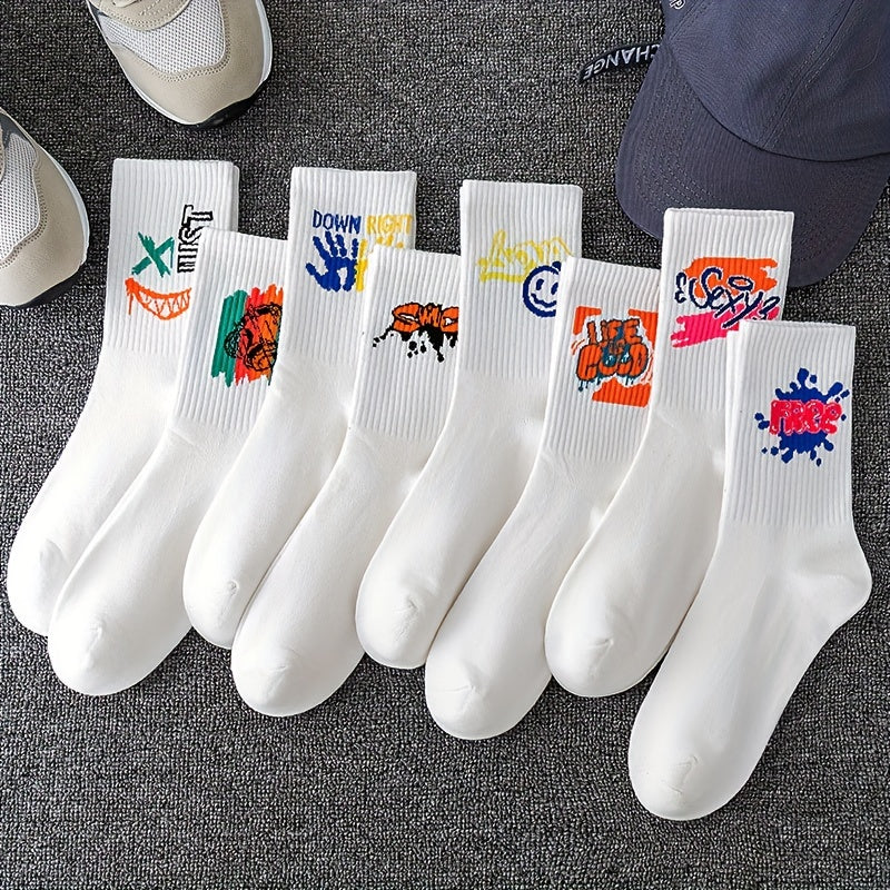 3/6/8/10/12 Pairs Of Medium Length Socks With Graffiti And Spray Painting For Personalized Fashion, Comfort, And Durability