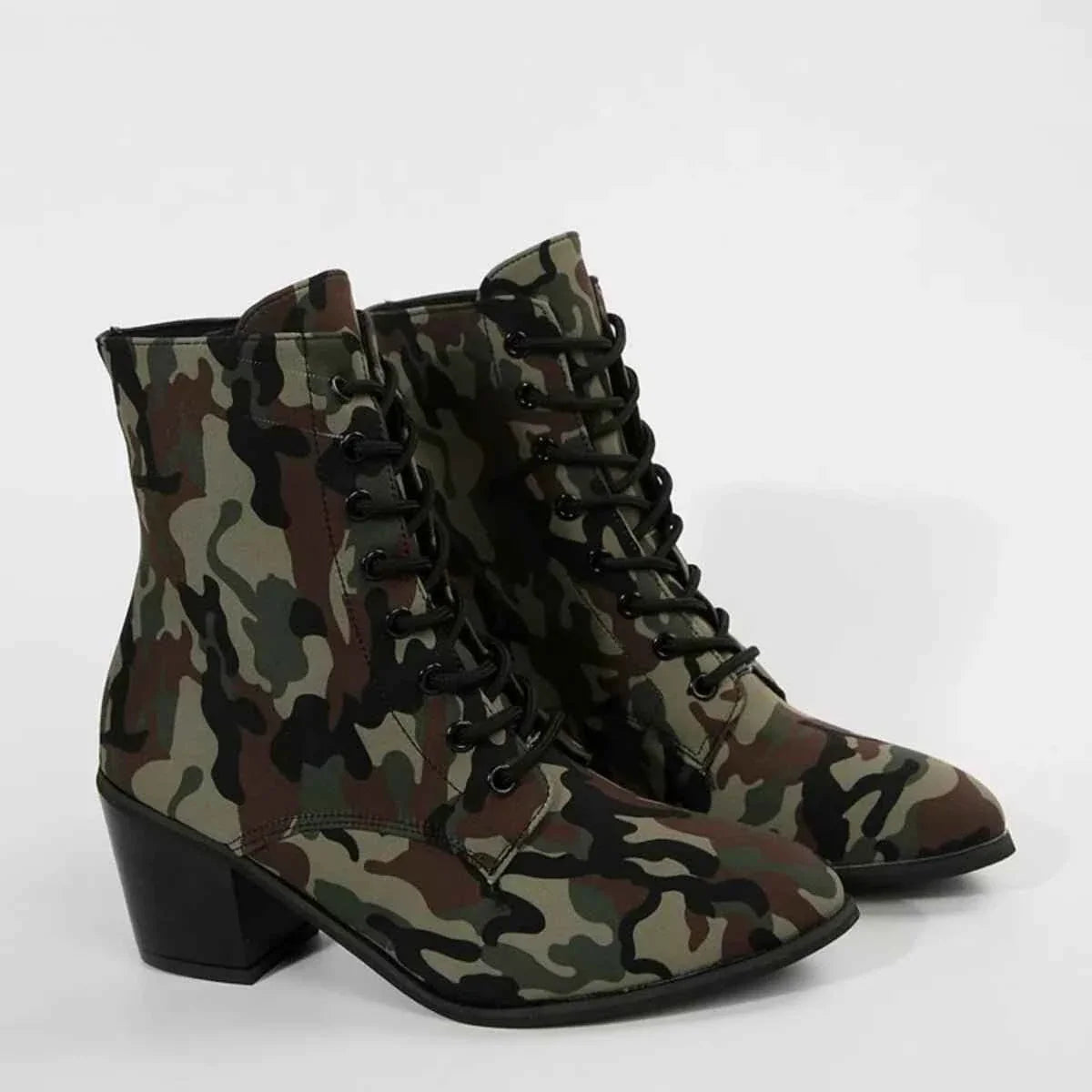 Camouflage Lace Up Block : Heels Boots