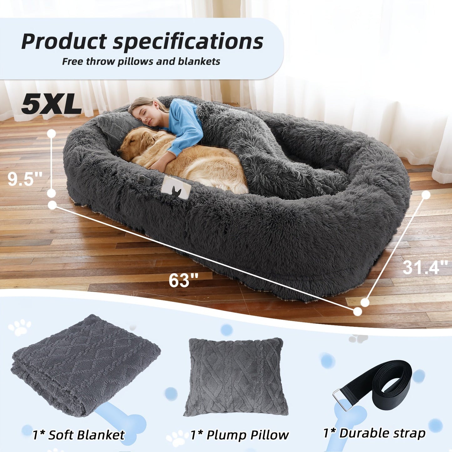 Orthopedic Human Dog Bed 71"x45"x12" Oval Washable Faux Fur Pet Bed with Plump Pillow, Blanket & Strap - Non-Slip Spa Design for All Dog Sizes, Grey, Cozy Nap Spot, Cozy Aesthetic, Durable Polyester, Home Lounging