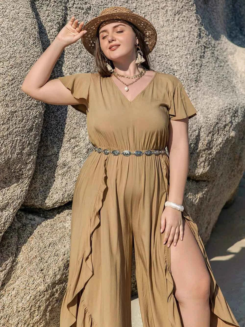 Plus Size Slit Ruffled : V-Neck Jumpsuit