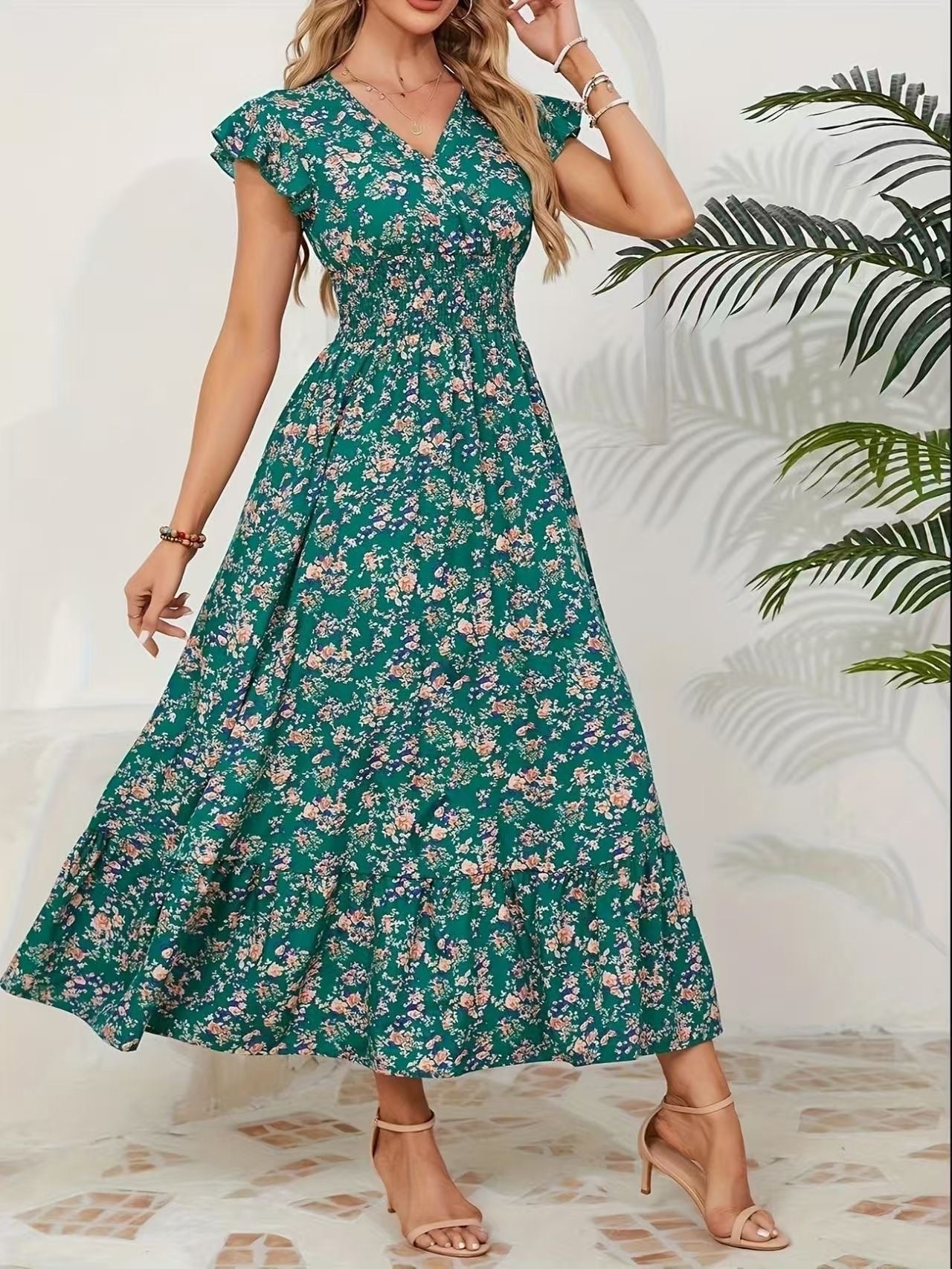 Fashion Floral Long Sleeve Waist Swing Dress