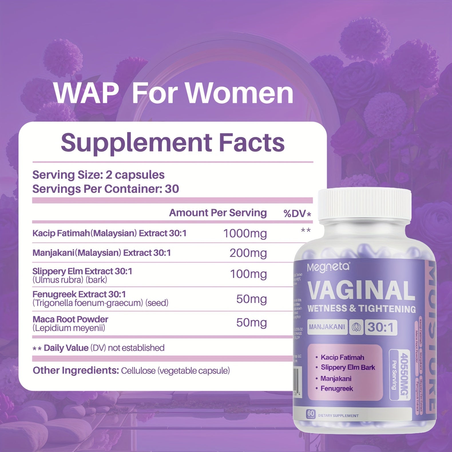 Megneta Vaginal Wetness&Tightening Herbal Formula with Kacip Fatimah, Slippery Elm, Manjakani, Fenugreek & Maca Root | Fast-Acting, No Side Effects | 60 Capsules, 30-Day Supply - Premium  from Lizard Vigilante - Just $22.99! Shop now at Lizard Vigilante