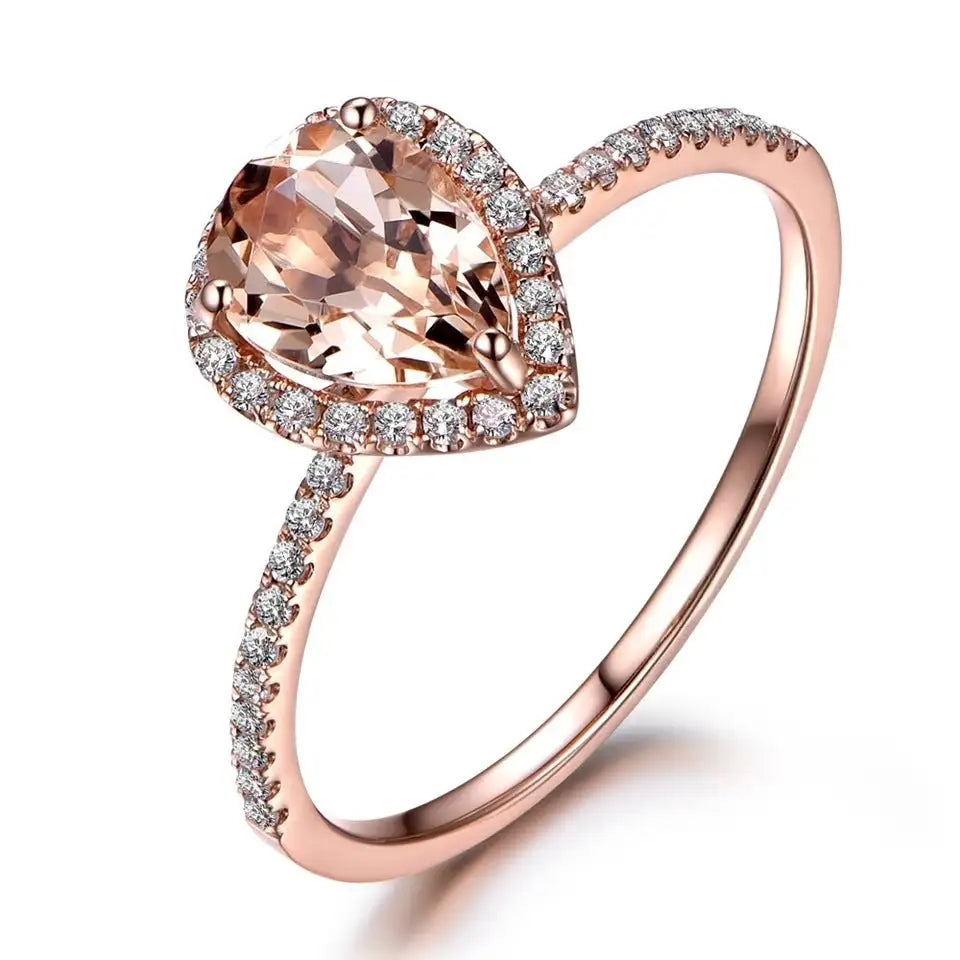 European And American 18K Rose Gold Plated Inlaid Pink Crystal Water Drop Pear-shaped Ring