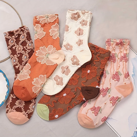 5 Pairs Floral Print Socks, Comfy & Breathable Mid Tube Socks, Women's Stockings & Hosiery