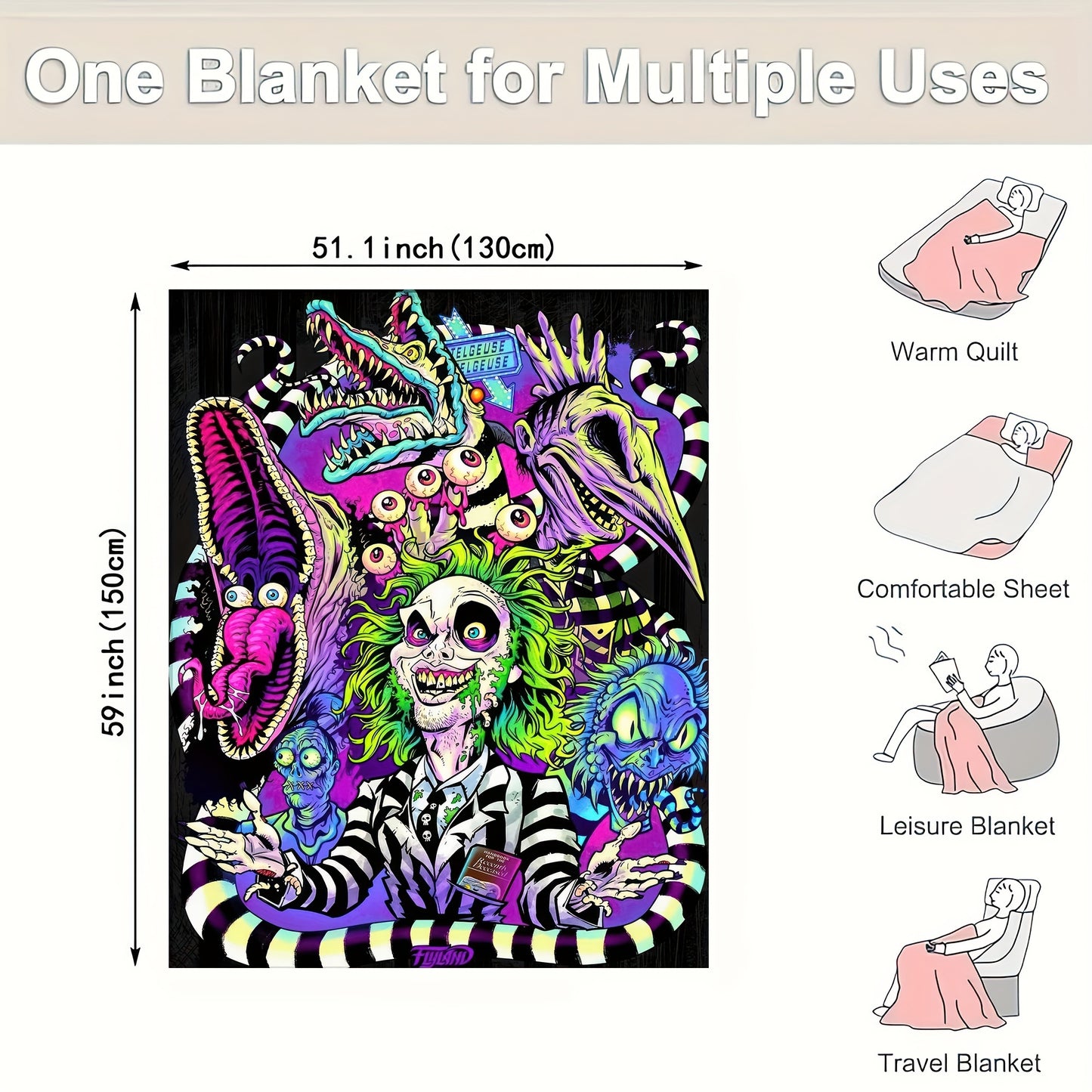 Beetlejuice Cozy Horror Monster Anime Print Flannel Blanket – Soft, Warm, and Reversible for Couch, Office, Bed, or Camping – Machine Washable, All-Season Gift - Premium blanket from Lizard Vigilante - Just $33.99! Shop now at Lizard Vigilante