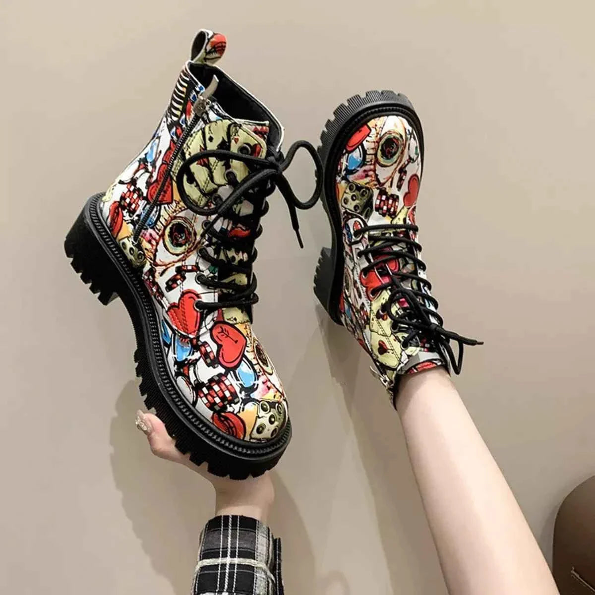 Graffiti Print Combat Boots : Colorful Street Art Design