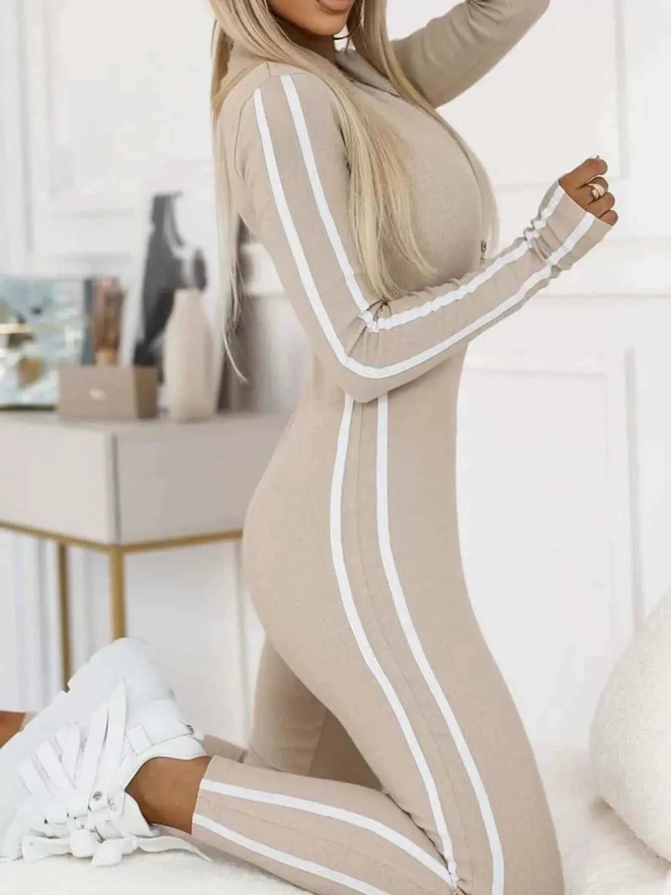 Full Size Stripe Zip-Front : Long Sleeve Jumpsuit Plus Size