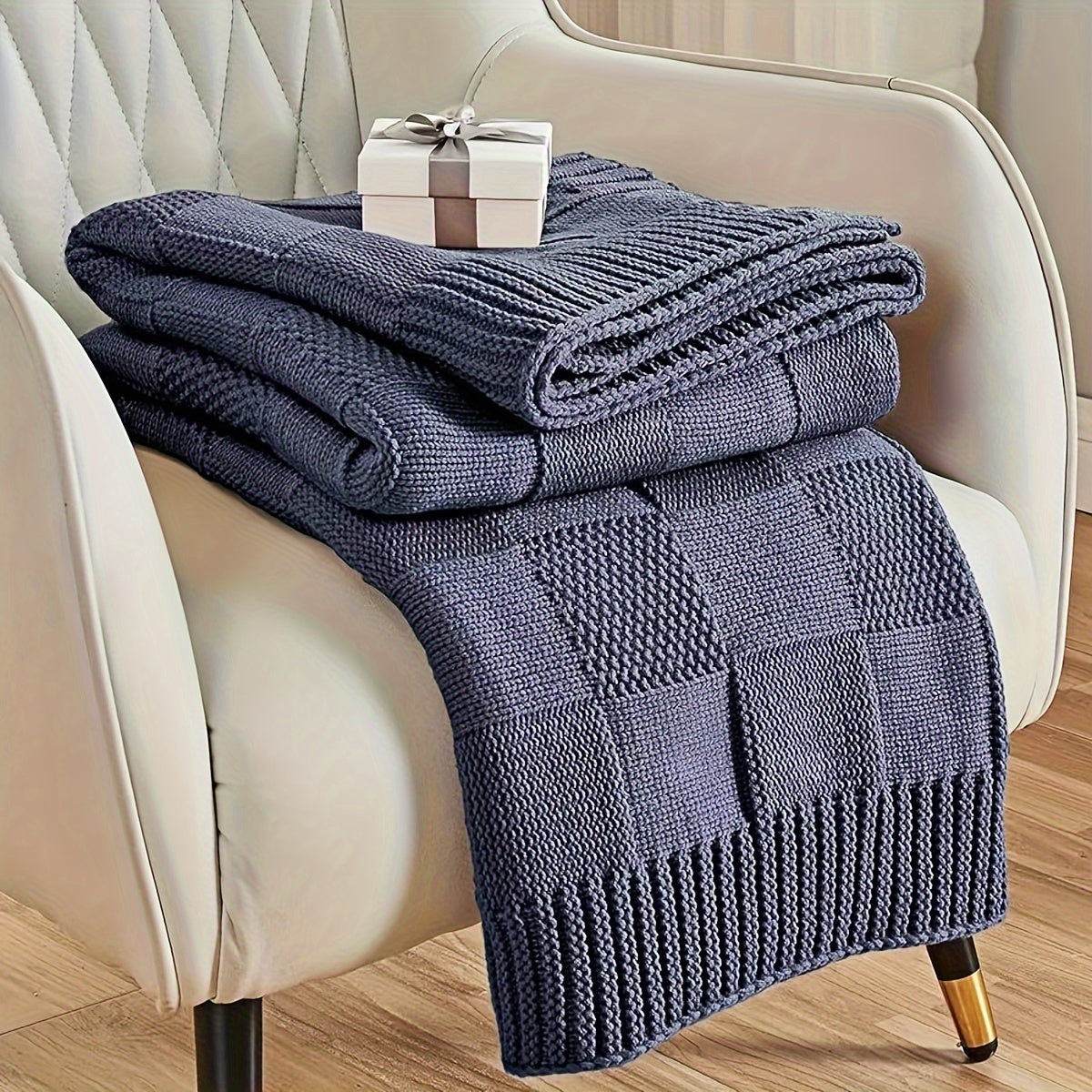 1pc Knit Throw Blanket, White Checkered Throw Blanket For Couch, Soft Cozy Warm Knitted Throw Blanket For Bed Sofa