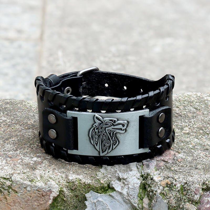 Celtic Wolf Leather Alloy Viking Bracelet