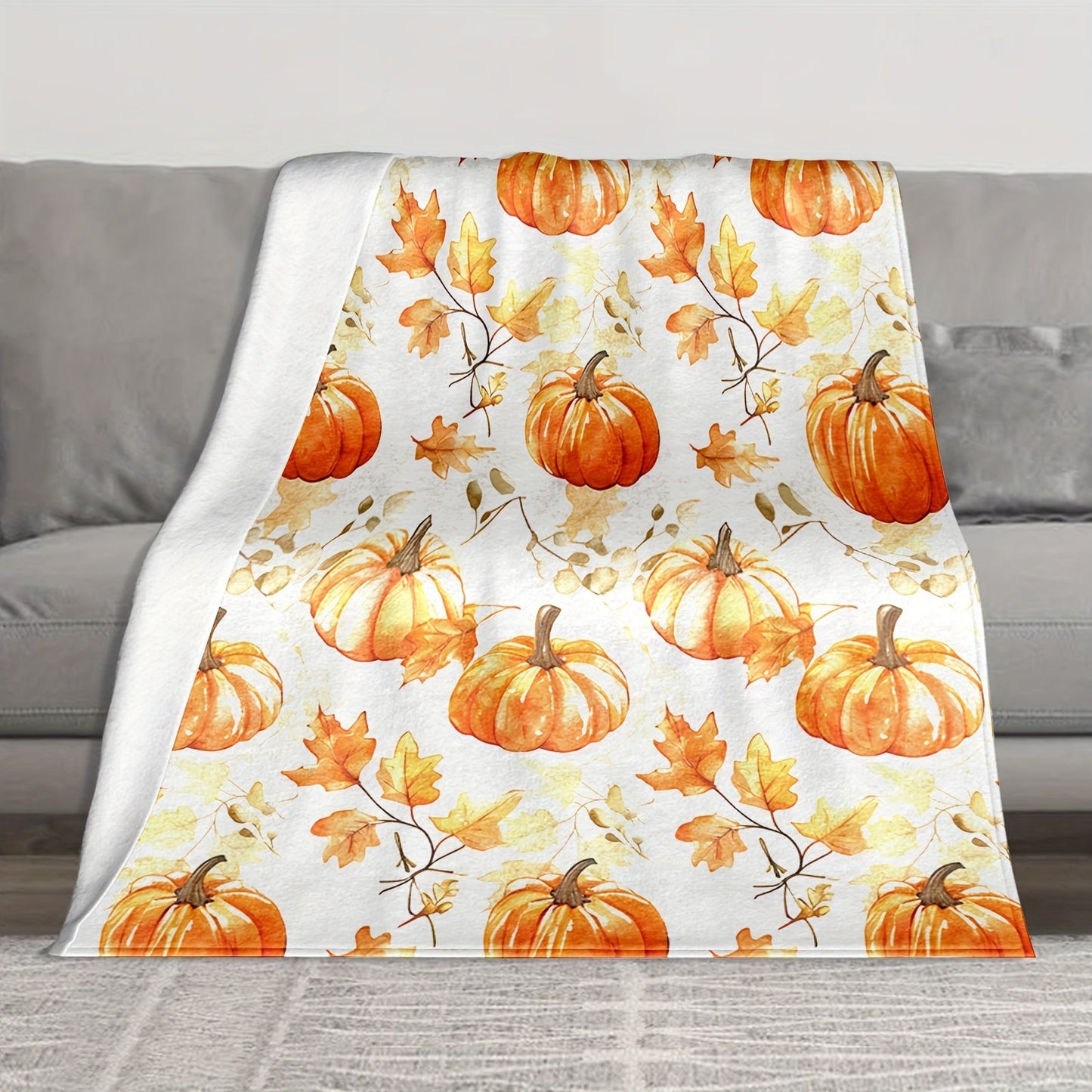 Cozy Flannel Thanksgiving Blanket - Rustic Pumpkin & Maple Leaf Design, Soft Orange Throw for Sofa, Bedroom, Camping - Perfect Fall Decor Gift