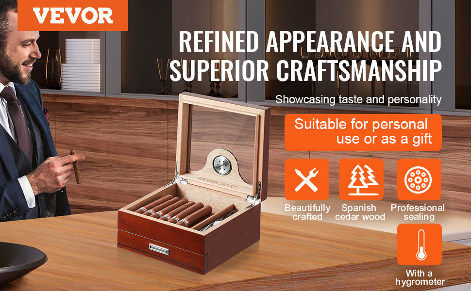 VEVOR Cigar Humidor Glass Top Cigar Humidor Box Handmade Spanish Cedar Wood Cigar Desktop Box Cigar Storage Case with Hygrometer - Premium  from Lizard Vigilante - Just $95.99! Shop now at Lizard Vigilante