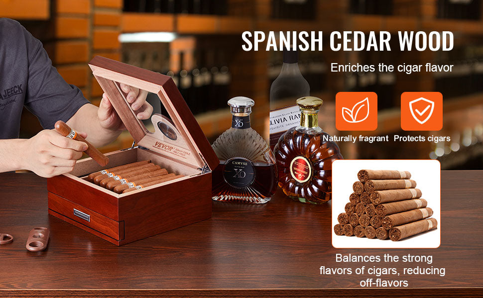 VEVOR Cigar Humidor Glass Top Cigar Humidor Box Handmade Spanish Cedar Wood Cigar Desktop Box Cigar Storage Case with Hygrometer - Premium  from Lizard Vigilante - Just $95.99! Shop now at Lizard Vigilante