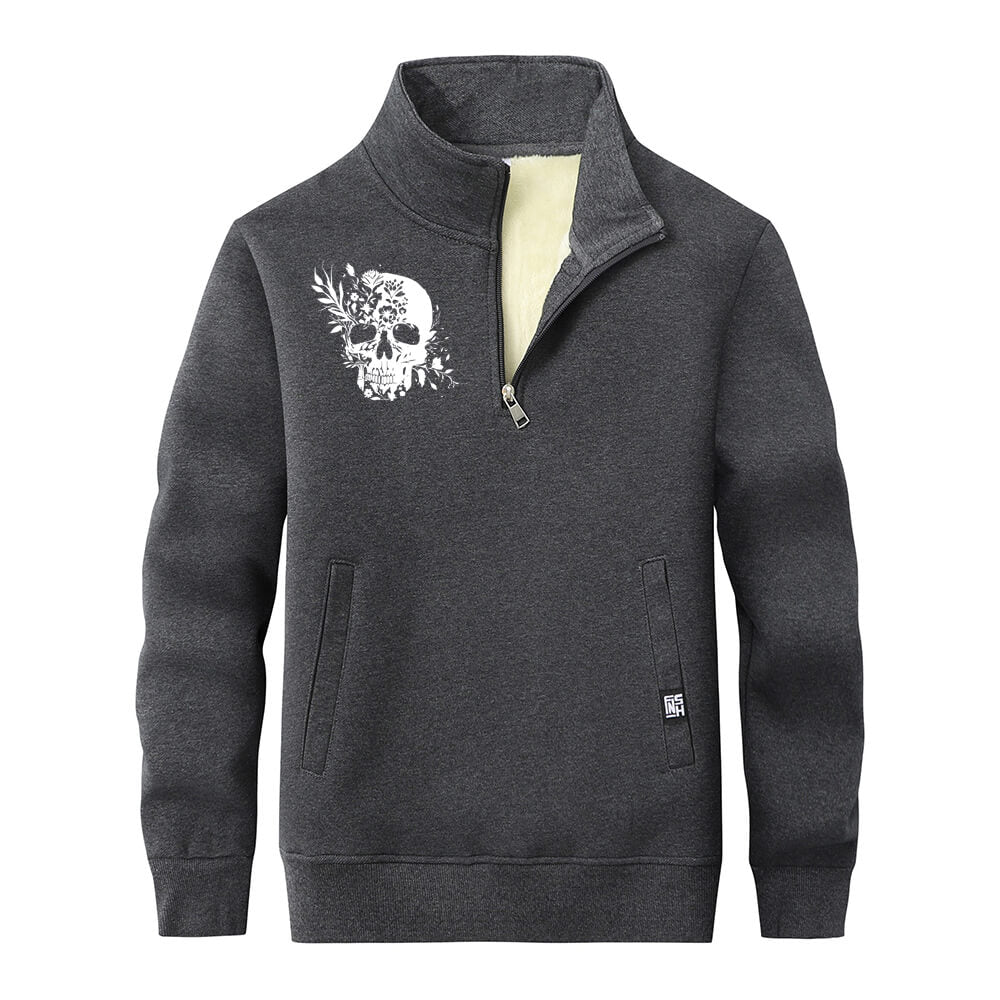 Multicolor Floral Skull Stand Collar Zip Fleece Sherpa Sweatshirt