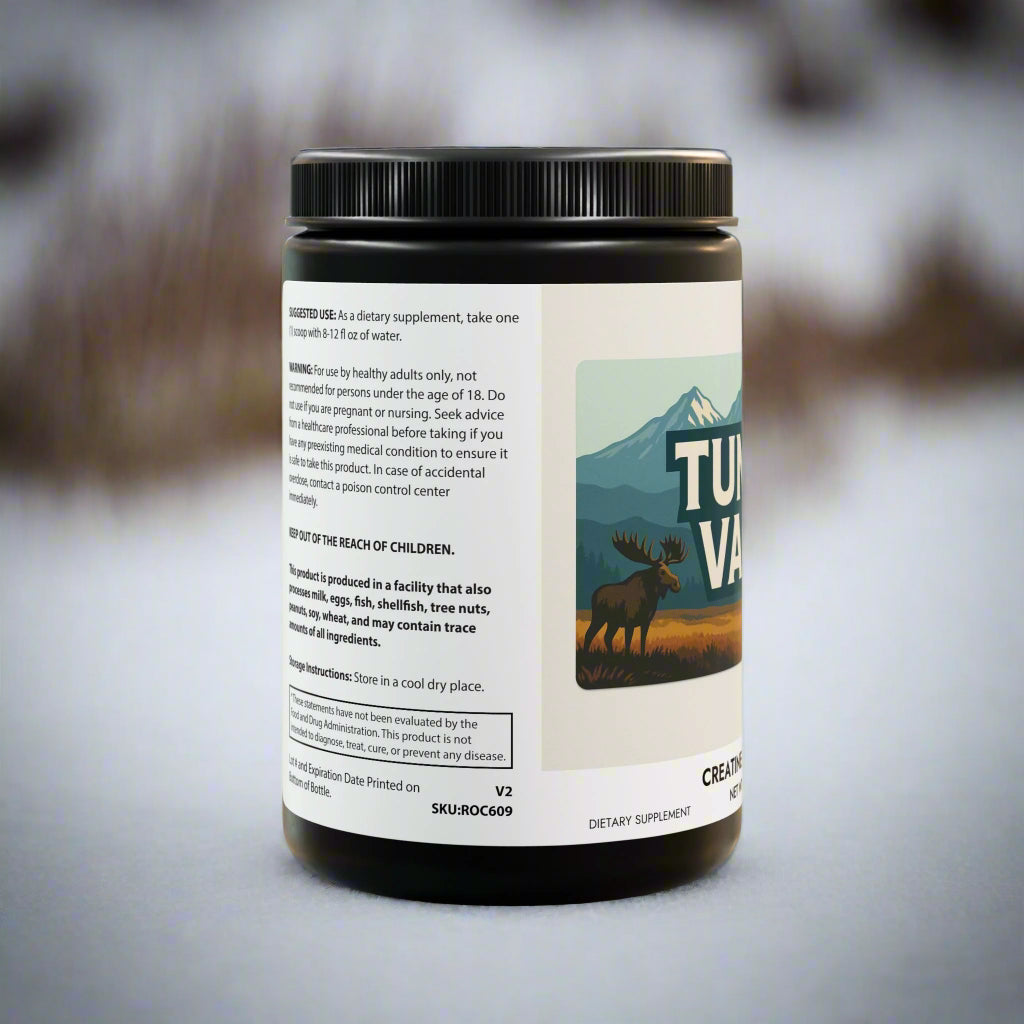 Supplement container with label featuring a moose illustration on a white background