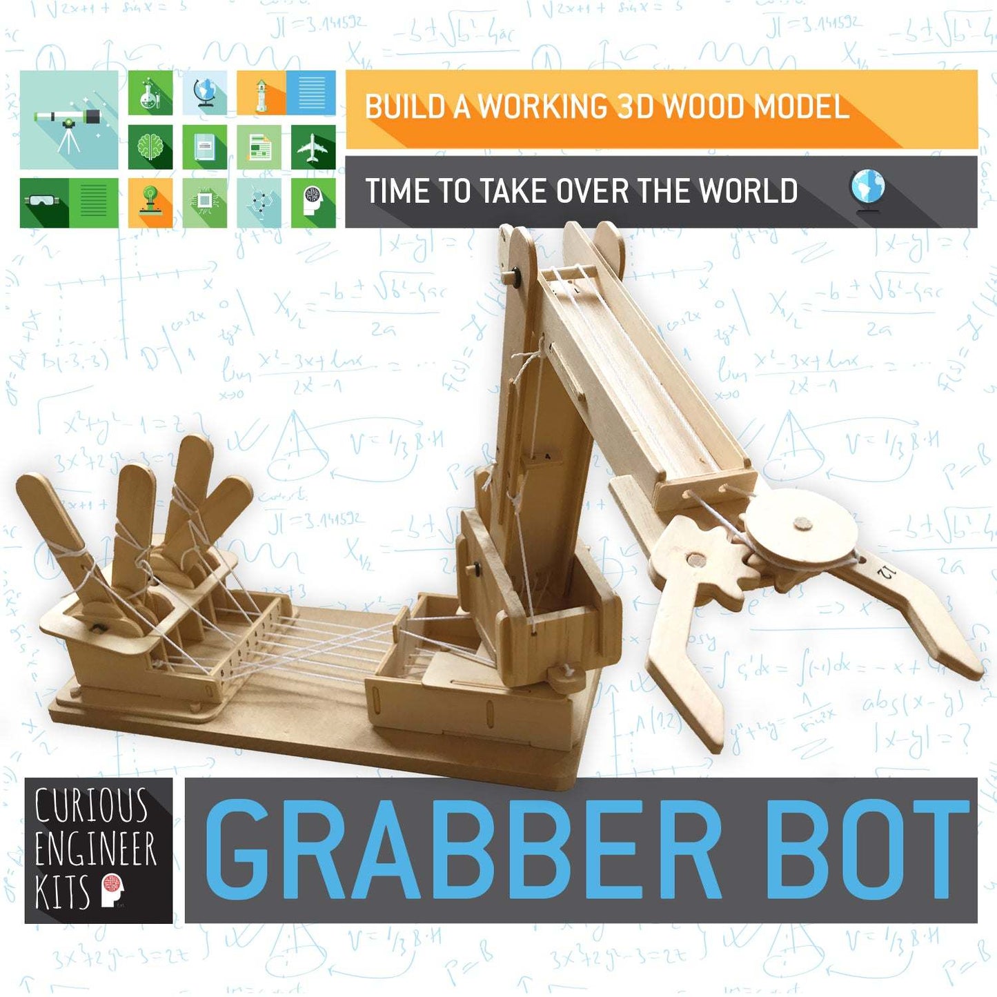 Make a Grabber Bot Kit | 3d wooden model | Facts & easy instructions included | Curious Engineer Kit