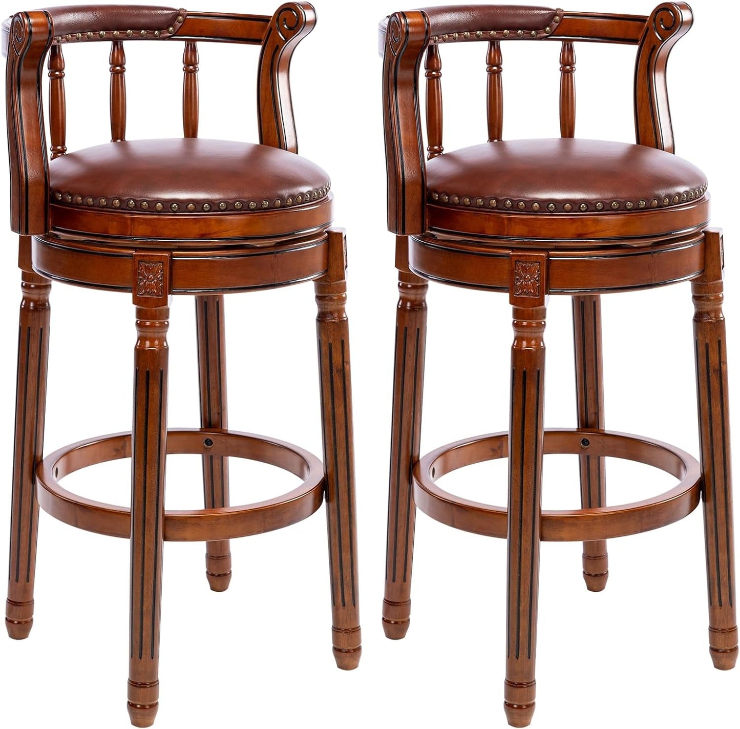 Cow Top Leather Wooden Bar Stools, 360 Degree Swivel Bar Height Chair with Backs for Home Kitchen Counter, Morden Chair Barstools (Brown 2Pcs, Bar Height-Seat Height 29.5”)