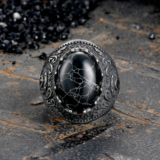 Cracked Black Turquoise Patterned Stainless Steel Ring