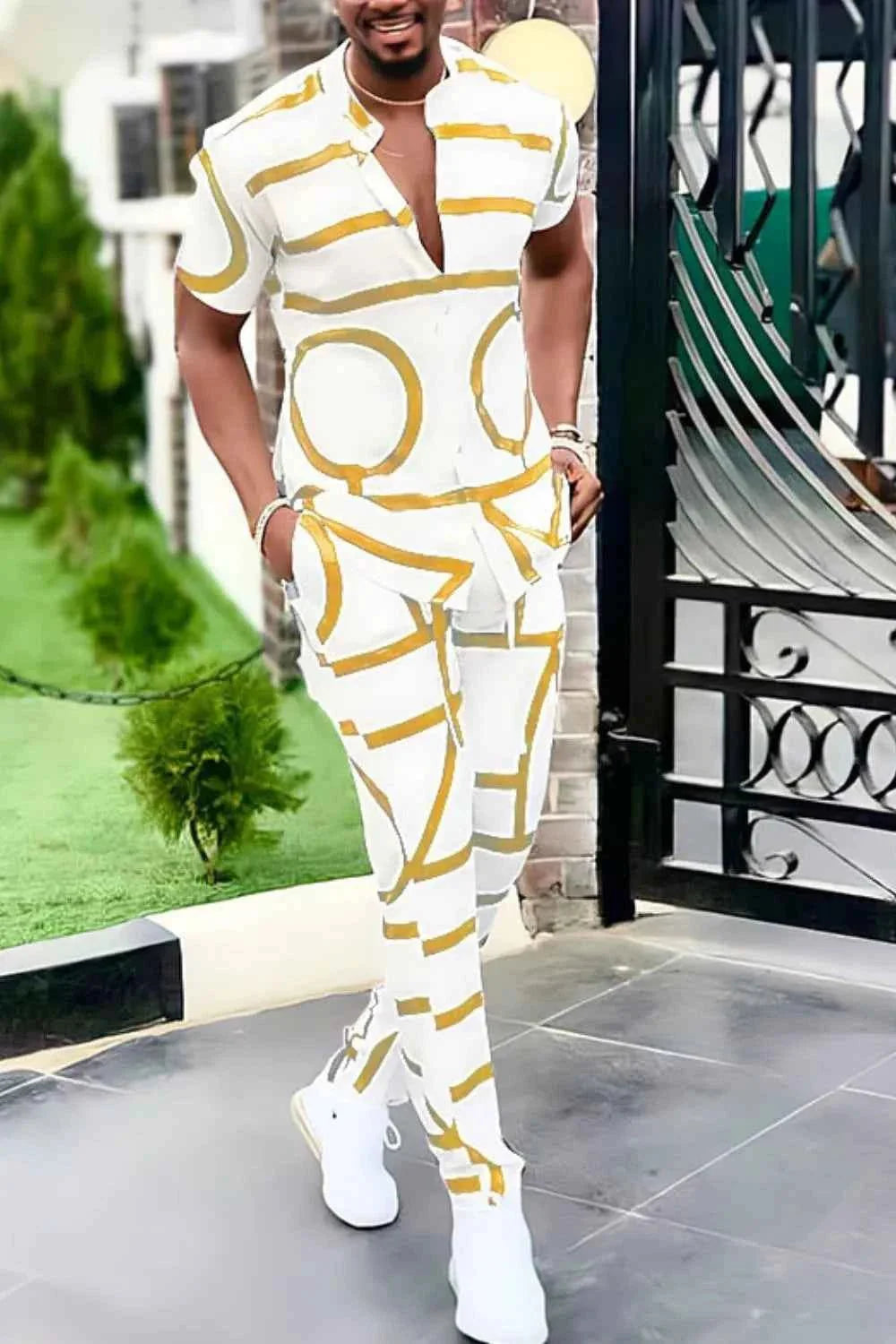 Men's Full Size Geo Print Short Sleeve Top and Pants Set Plus Size