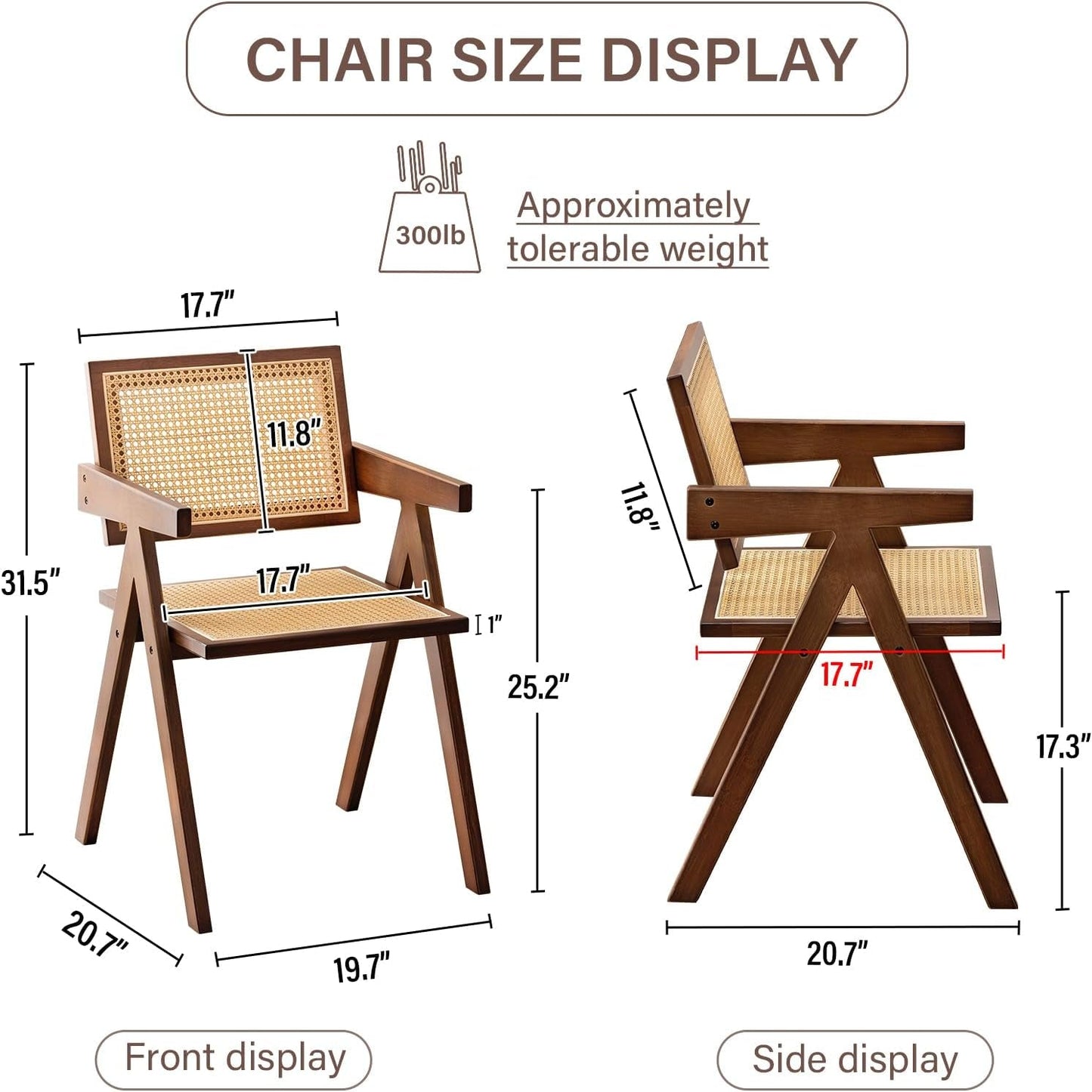 Rattan Dining Chairs Set of 2, Mid Century Modern Armchairs, Wooden Kitchen Chairs for Dining Room, Living Room, Walnut