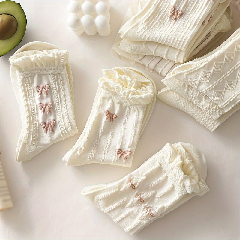 9 Pairs Floral & Bow Print Socks, Sweet & Cute Ruffle Socks, Women's Stockings & Hosiery