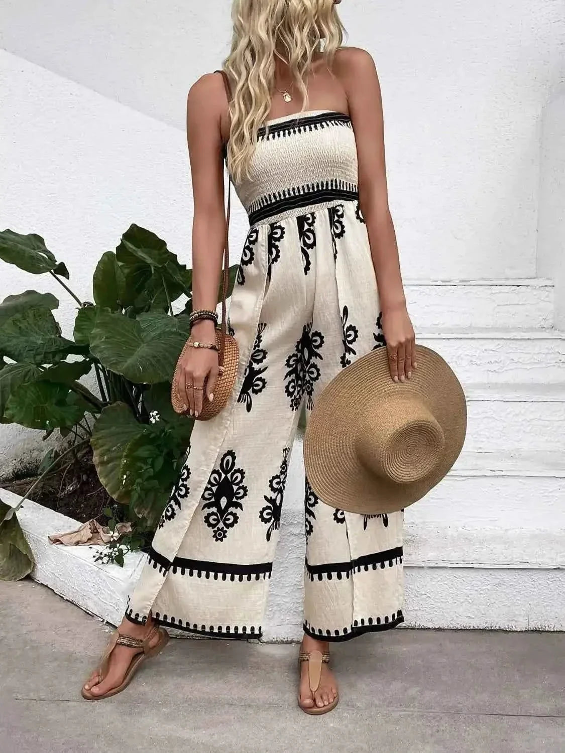 Smocked Printed : Wide Leg Jumpsuit