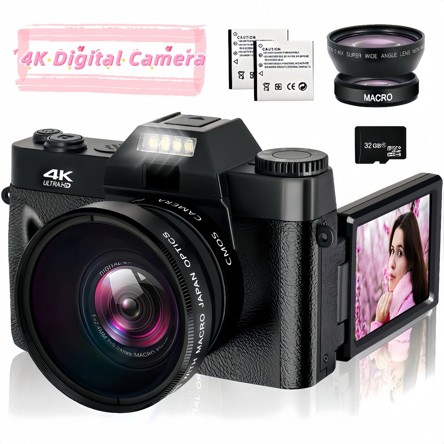 4K 48MP 16X Autofocus Digital Camera for Photography and Video, WiFi Enabled, 3" 180° IPS Flip Screen, Anti-Shake, Compact Vlogging Camera with 32GB Card and 2 Batteries