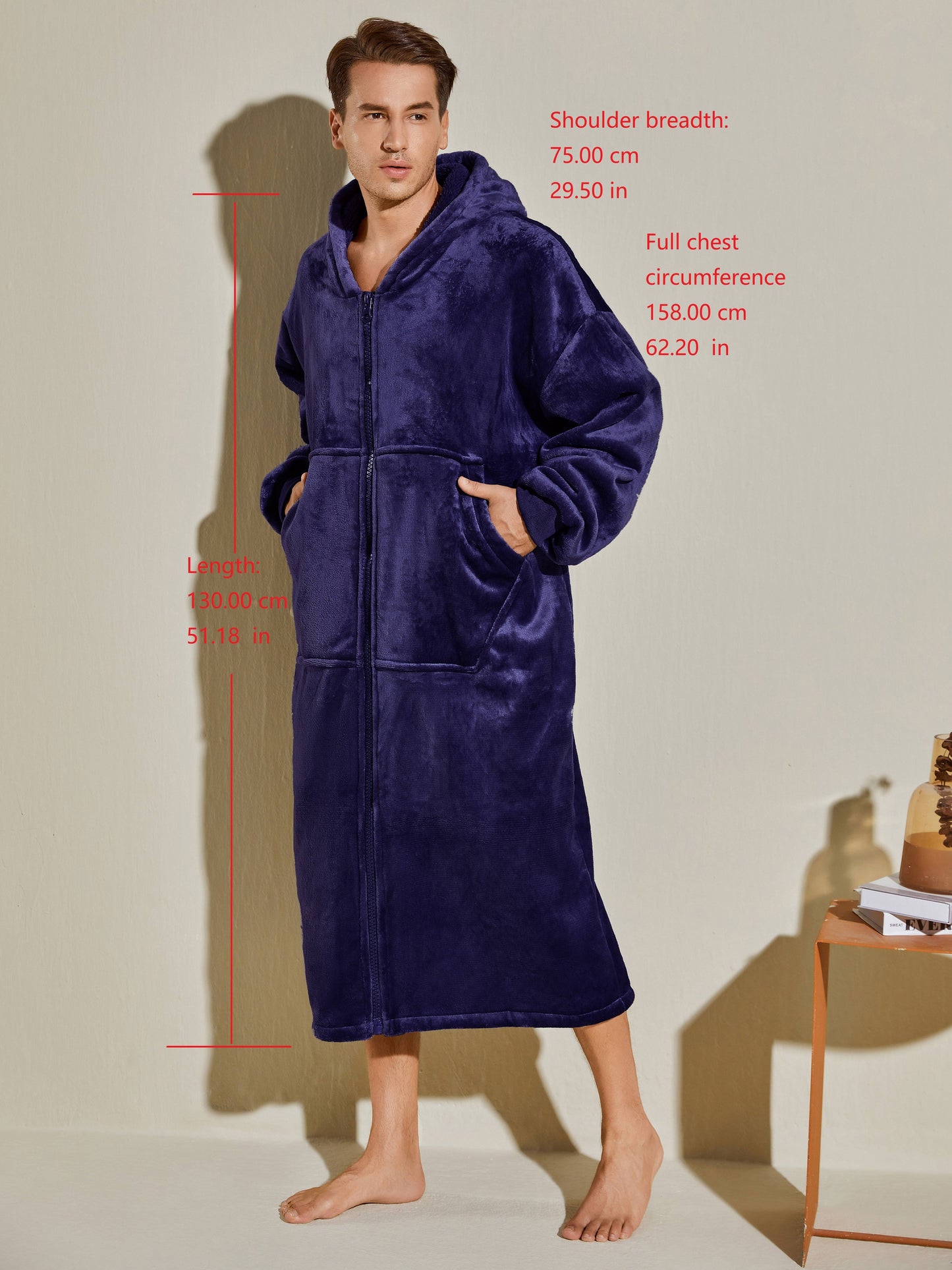 Men's Oversized Warm And Comfortable Flannel Blanket Robe, Long Sleeve Zipper Hoodie Sweatshirt Hooded Sleep Robe With Deep Pocket Pajamas Loungewear Robe For Autumn Winter