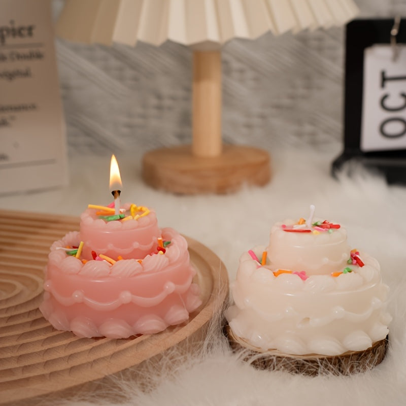 Home Decoration Ornaments Double Layer Cake Shaped Scented Candle Smokeless Soy Wax Youngsters Birthday Party Decorations Photography Props Birthday Gifts New Year Gifts Christmas Gift