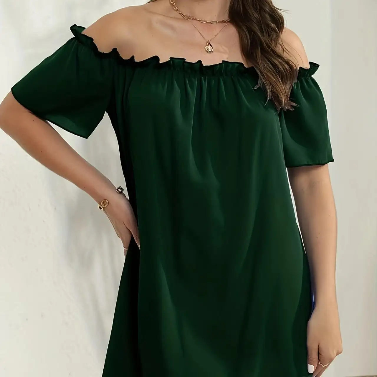 Women's Solid Color Off Shoulder Pleated Decorative Dress, One Shoulder Casual Dress