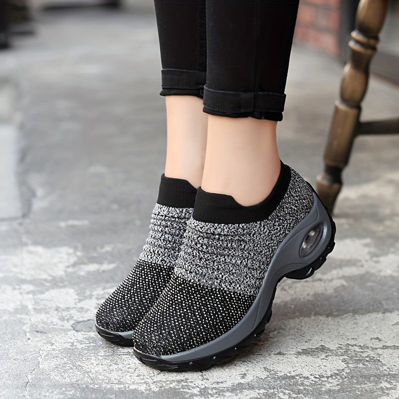 Women's Casual Sports Socks Sneakers Fashionable Thick Sole Air Cushion, Elevated Sloping Heel Rocking Shoes plus size